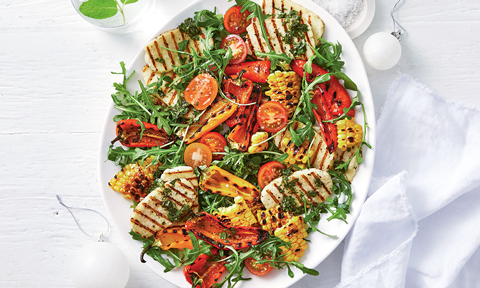 BBQ haloumi, corn and capsicum salad on a platter