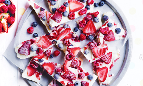 Berry swirl yoghurt bark cut in wedges