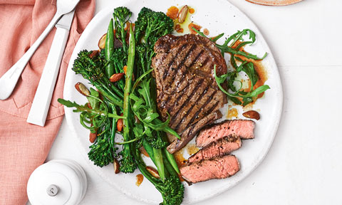 Chargrilled steak with baby broccoli and sprinkled almond