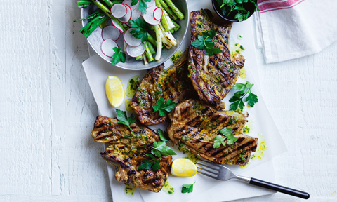 Curtis’ lamb chops with lemony asparagus, served with lemon wedges and radish