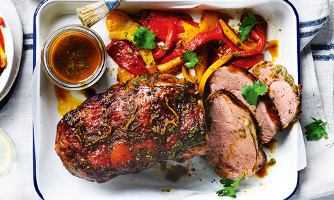 Curtis’ BBQ lamb thickly sliced with capsicum and chermoula