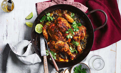 Curtis’ braised whole chicken chilli verde with tortillas and lime wedges