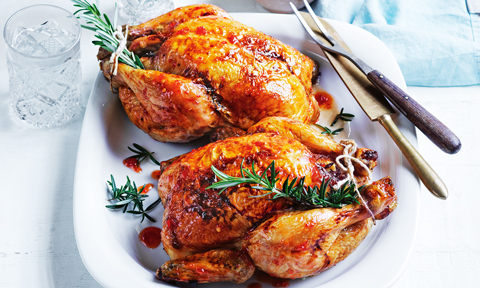 Two roast chickens with prosciutto stuffing