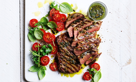 Thick cuts of steaks with pistachio pesto