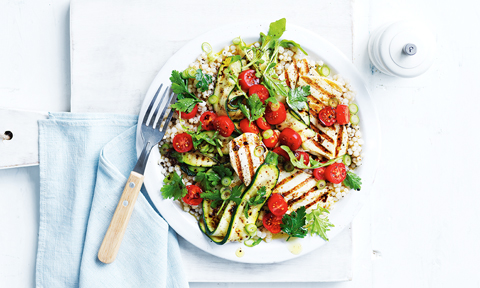 Vegan BBQ zucchini and tofu salad with tomato