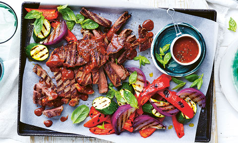 Curtis Stone s BBQ rump steak and veggies with mustard sauce
