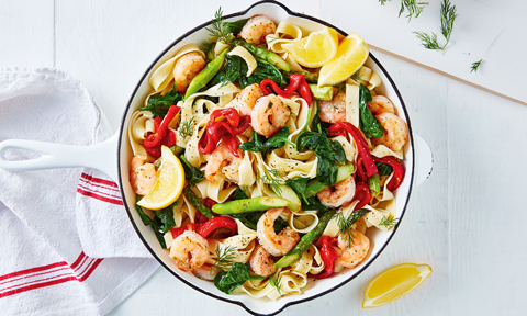 Garlic prawn and asparagus tagliatelle with capsicum and spinach