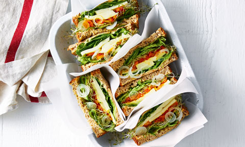 A lunch box filled with green salad sandwiches with hommus