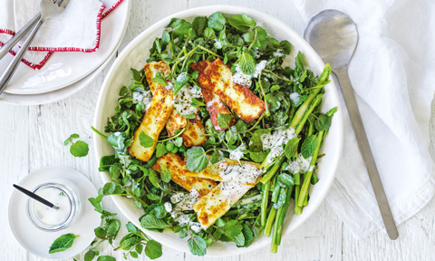 Grilled haloumi on top of green salad in a bowl
