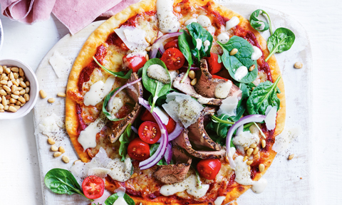 BBQ lamb pizza with caesar salad dressing 