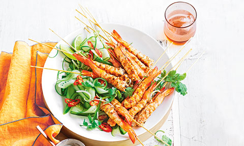 Quick salt and pepper prawn skewers with cucumber ribbons