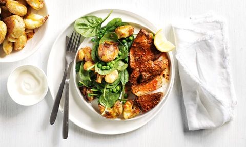 Tandoori lamb with smashed potatoes, peas and spinach
