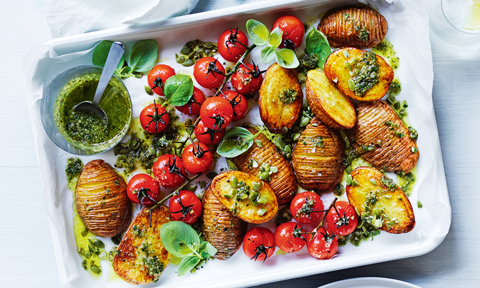 Hasselback potatoes with parsley pesto 