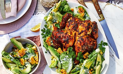 Lemon chicken with smoky corn salad and avocado