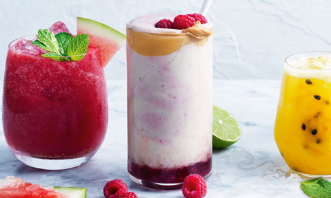 PB and J smoothie topped with raspberries