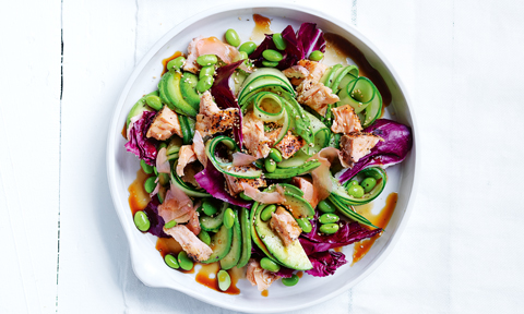 Pickled cucumber salad with smoked salmon and broad beans