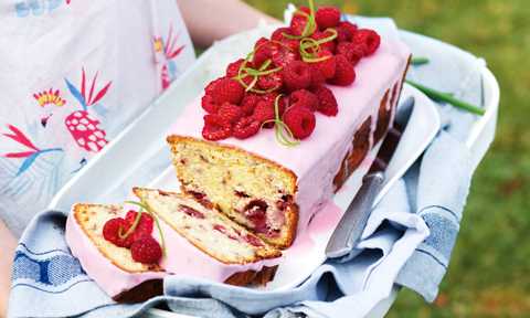 Raspberry and coconut sour cream cake with raspberries topping