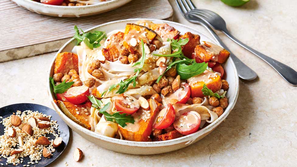 Baked tahini pumpkin and chickpea noodles