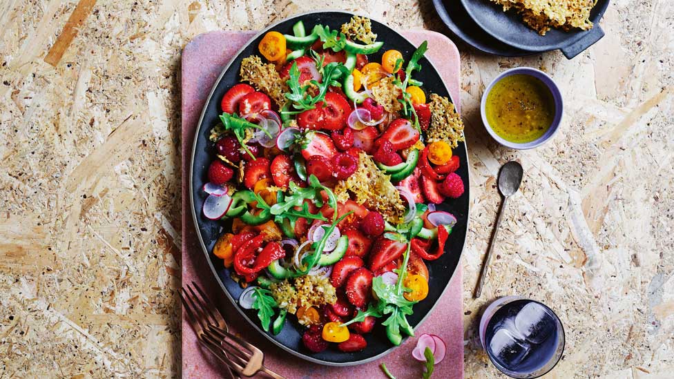 Berry and tomato salad with parmesan crisps