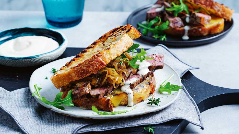 Steak sandwiches with caramelised onions
