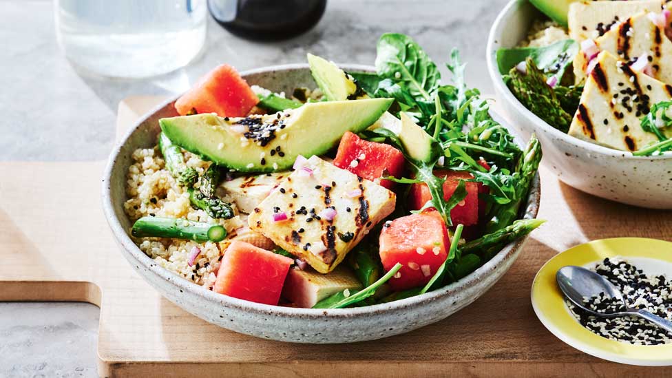 Tofu and avocado quinoa bowl