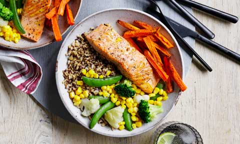 Baked salmon bowls