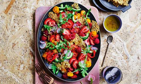 Berry and tomato salad with parmesan crisps