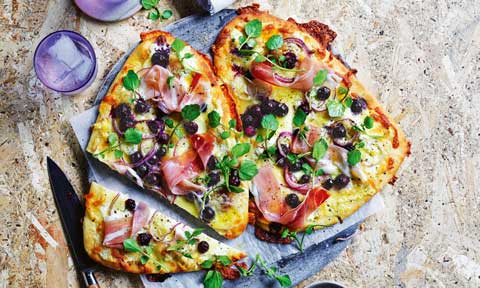 Blueberry and prosciutto pizza