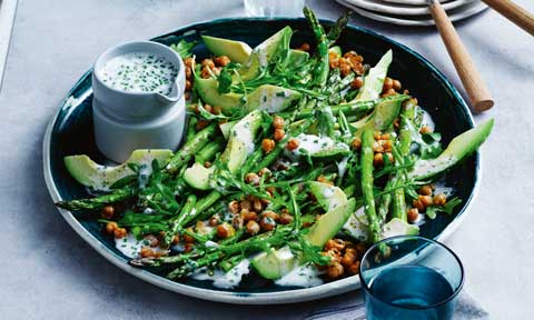 Grilled asparagus salad with fried chickpeas