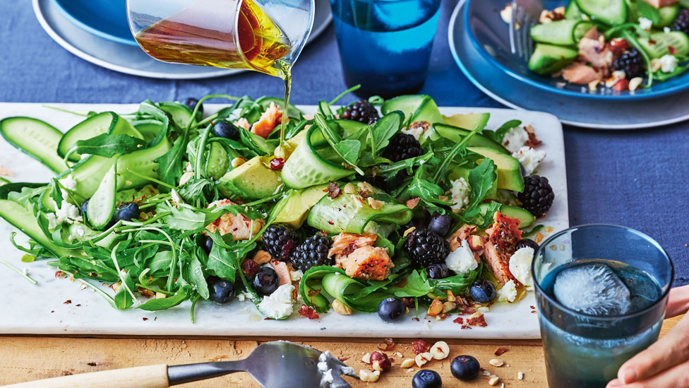 Blueberry and blackberry salad with hot-smoked salmon