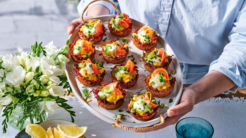 Hash brown cups with  salmon and scrambled eggs
