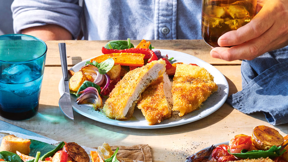 Kerri Remigio's roast vegetable salad with croutons and crumbed chicken