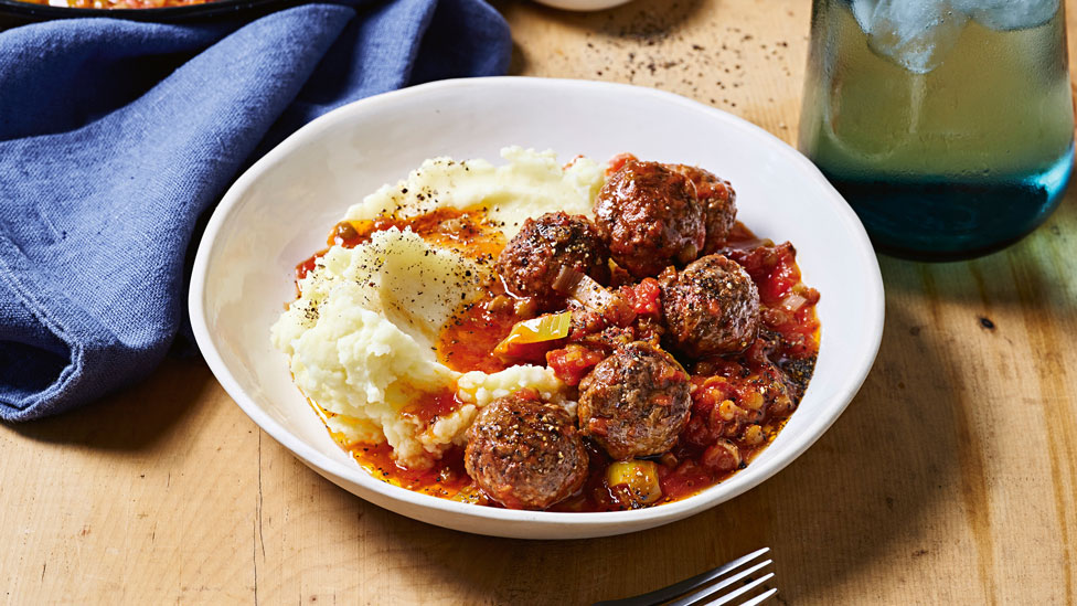 Brent Draper's saucy beef meatballs with mashed potato