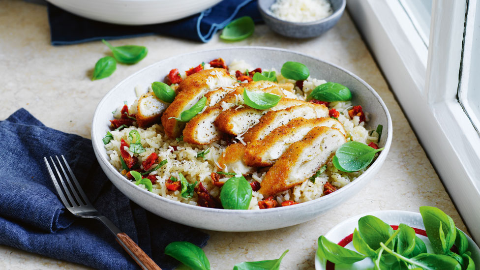 Jen Hanlon's sun-dried tomato and basil rice with chicken schnitzel