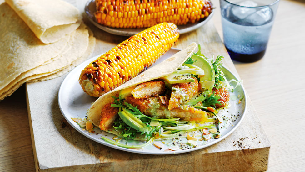 Sweet chilli chicken-free wraps with BBQ corn