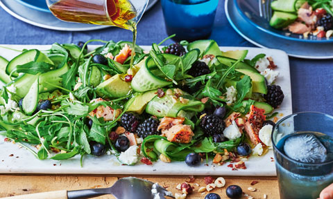 Blueberry and blackberry salad with hot-smoked salmon