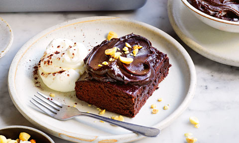 Chocolate sheet cake with peanut butter ganache