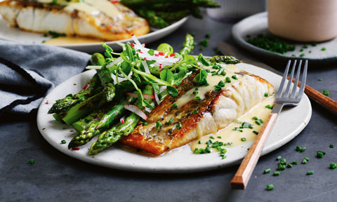 Curtis Stone's pan-fried barramundi with asparagus and miso