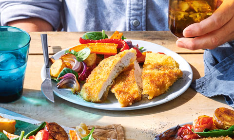 Kerri Remigio's roast vegetable salad with croutons and crumbed chicken