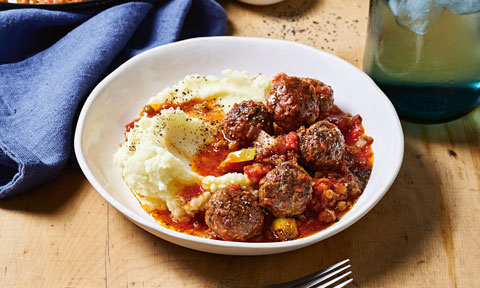 Brent Draper's saucy beef meatballs with mashed potato