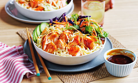 Speedy spicy salmon and noodle bowl