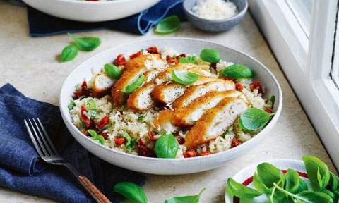 Jen Hanlon's sun-dried tomato and basil rice with chicken schnitzel