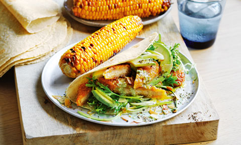 Sweet chilli chicken-free wraps with BBQ corn