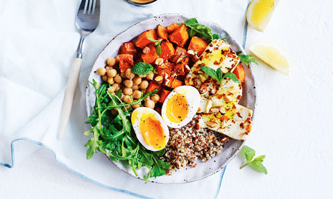 Sweet potato, quinoa and haloumi bowl