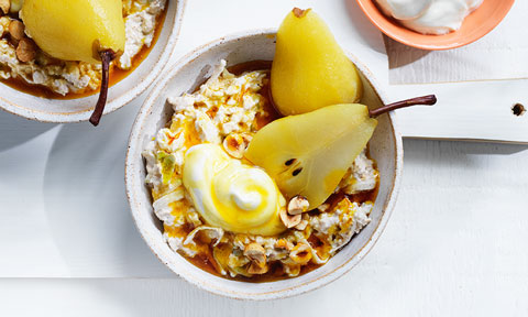 Poached pear bircher muesli 