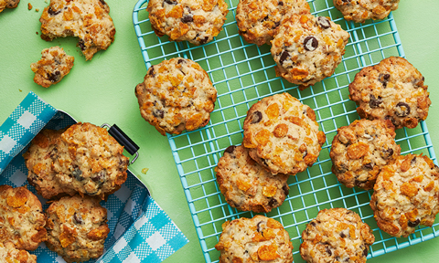 Chocky rock cookies served on a cooling rack and in a tin lunch box