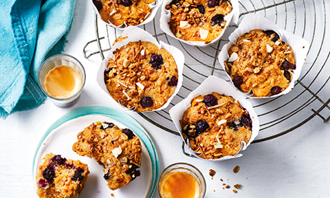 Muffins served on a cooling tray and on a small serving plate