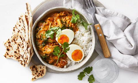 Lentil, mushroom & egg curry with rice