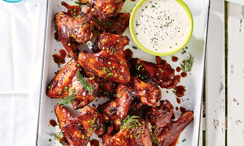 Sticky wings with blue cheese sauce