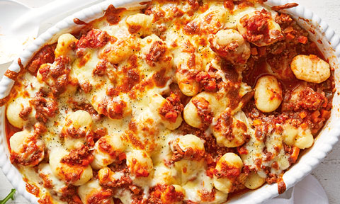 gnocchi bolognese in a baking dish